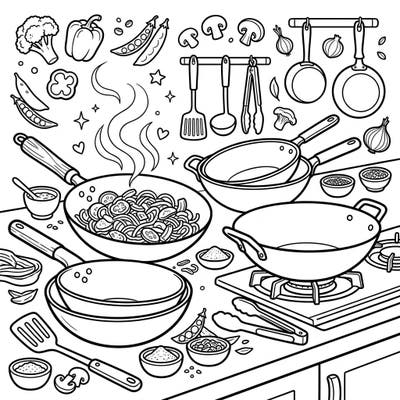 Dive into the vibrant world of Asian cuisine with this dynamic Woks & Stir-Fry Pans coloring page. Featuring various cooking essentials and fresh ingredients, it's a delightful scene ready for your creative touch.