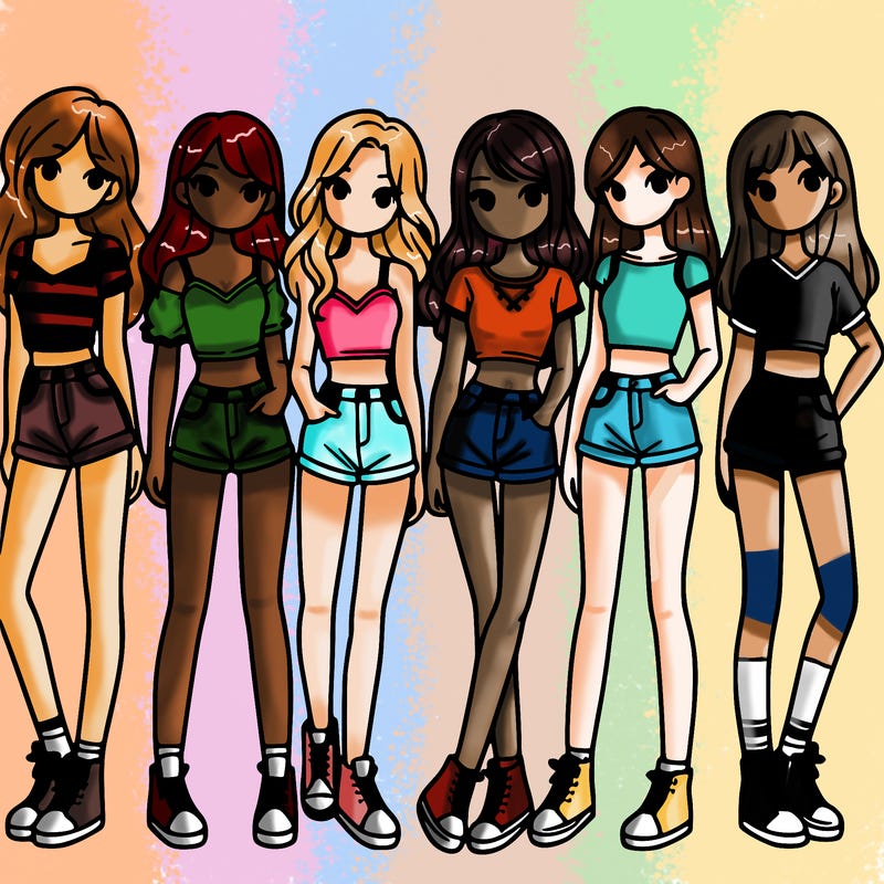 a group of girls wearing crop tops and shorts