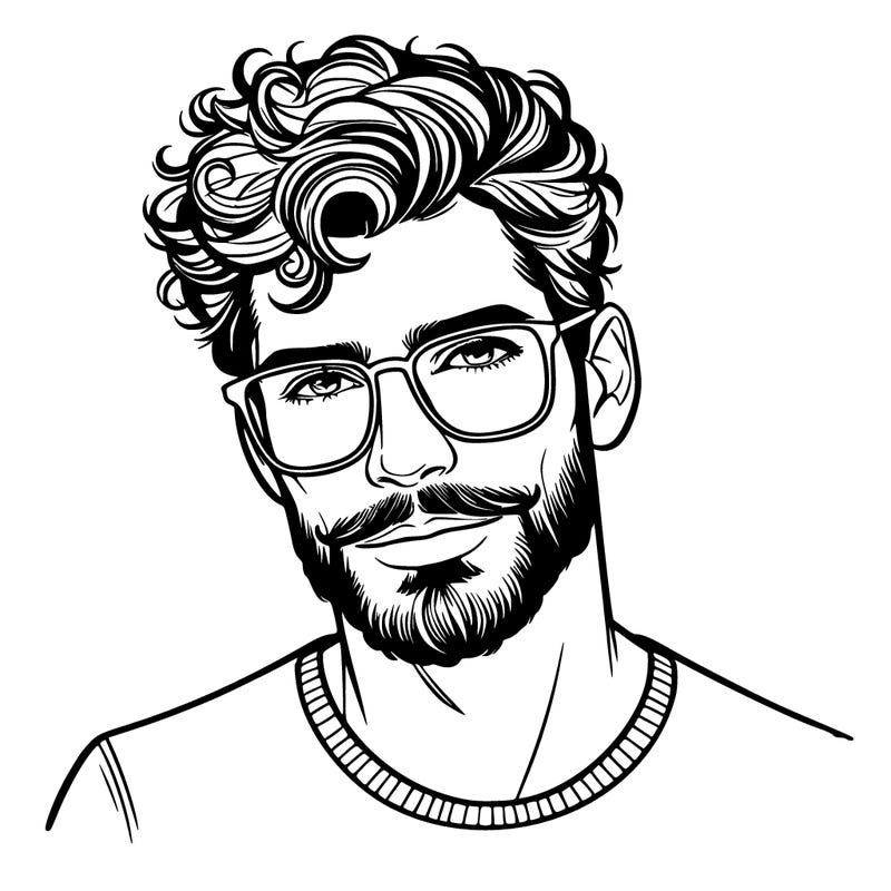 handsome man with curly hair, beard and glasses