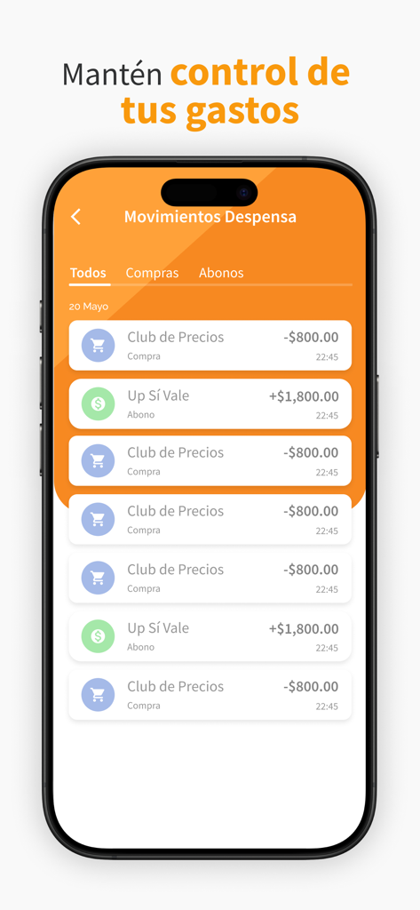 UP Sí Vale - Pantalla de la aplicación UP Sí Vale mostrando el historial de transacciones recientes y el seguimiento de gastos.