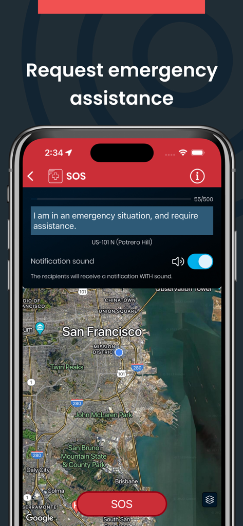TeamAlert mobile app interface showing the emergency assistance request screen with an SOS button and location map.