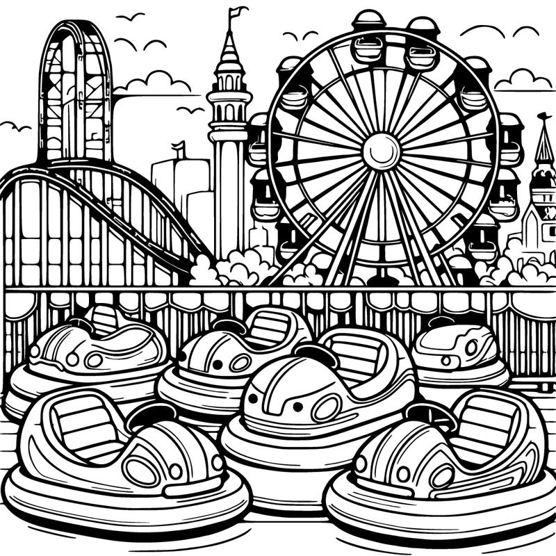 a vibrant amusement park scene with roller coasters%2c bumper cars%2c
