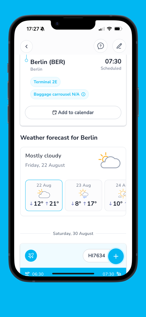 TravelUp App-Oberfläche mit Ankunftsdetails für Flüge nach Berlin und einer Wettervorhersage.