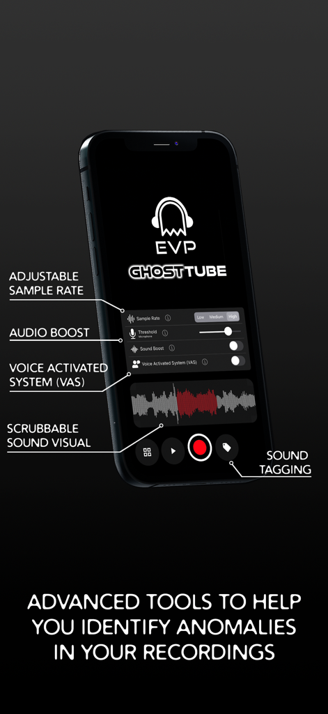 GhostTube EVP - Interface of the GhostTube EVP app showing advanced audio tools like sound visualizer and voice activated system