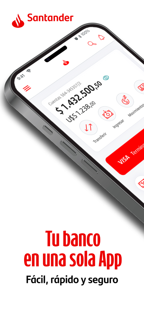 Interface de l'application de banque mobile Santander Argentine affichant les soldes de compte en pesos et en dollars