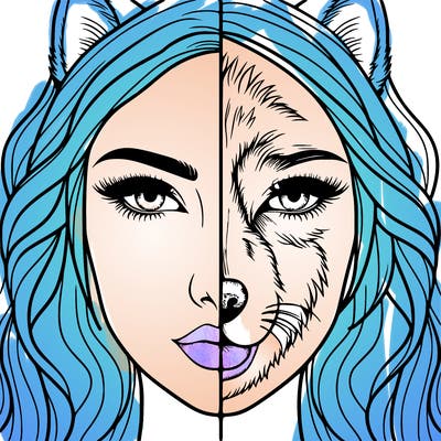 split face realistic woman and wolf