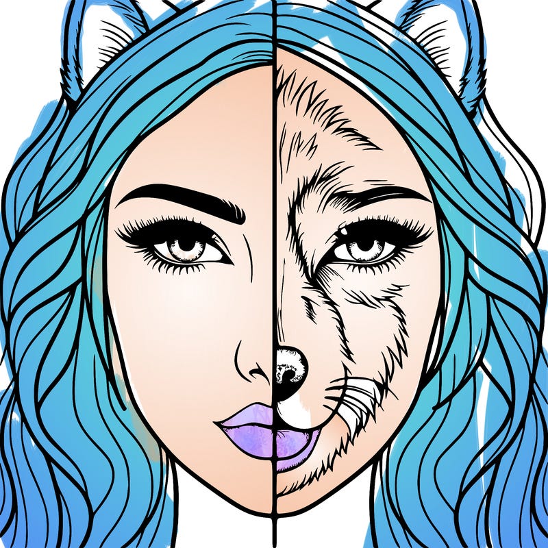 split face realistic woman and wolf