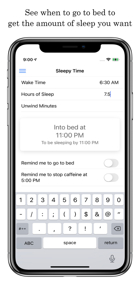 Sleepy Time - Time for Bed - Sleepy Time 앱 인터페이스에 취침 시간 계산 및 수면 알림이 표시됩니다.