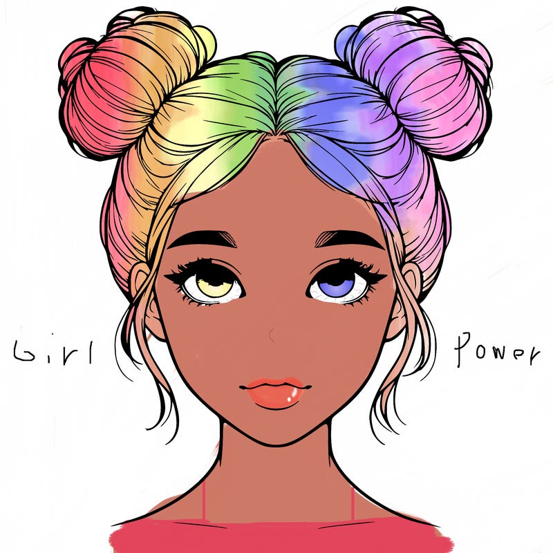 realistic girl with two buns on top of her head