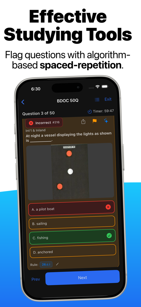 Neptune: Navigation Rules - Interface of the Neptune Navigation Rules app showing a maritime quiz question about vessel lights with spaced repetition options