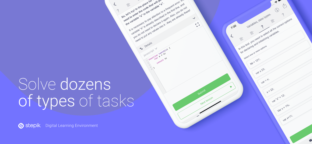Stepik app mobile interface featuring interactive coding challenges and quizzes.