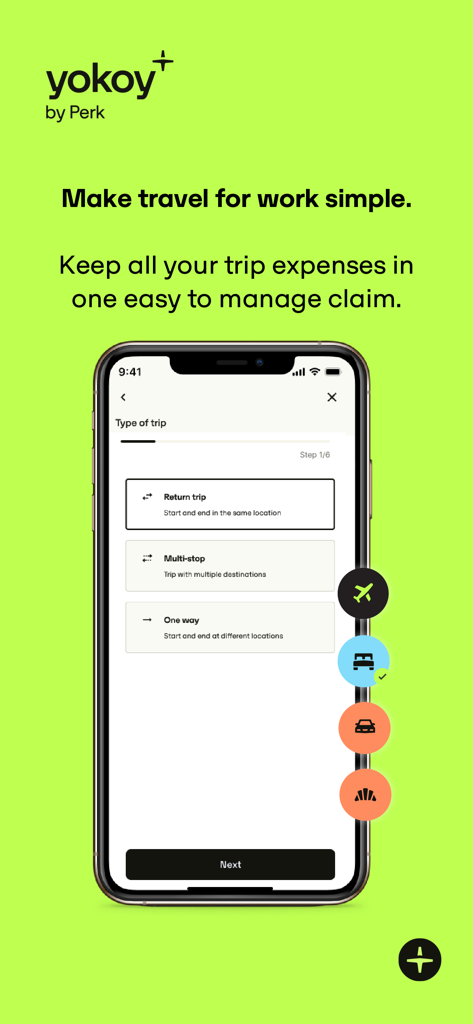 Yokoy - Yokoy mobile app screen for selecting trip types to simplify work travel expense claims
