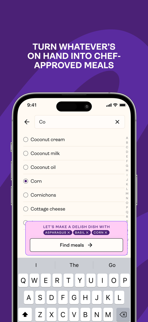 Saveful - Saveful app screen showing a user selecting ingredients from their pantry to generate chef-approved meal suggestions.