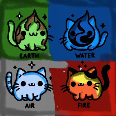 4 cats that represent the different elements, earth, water, air, and fire