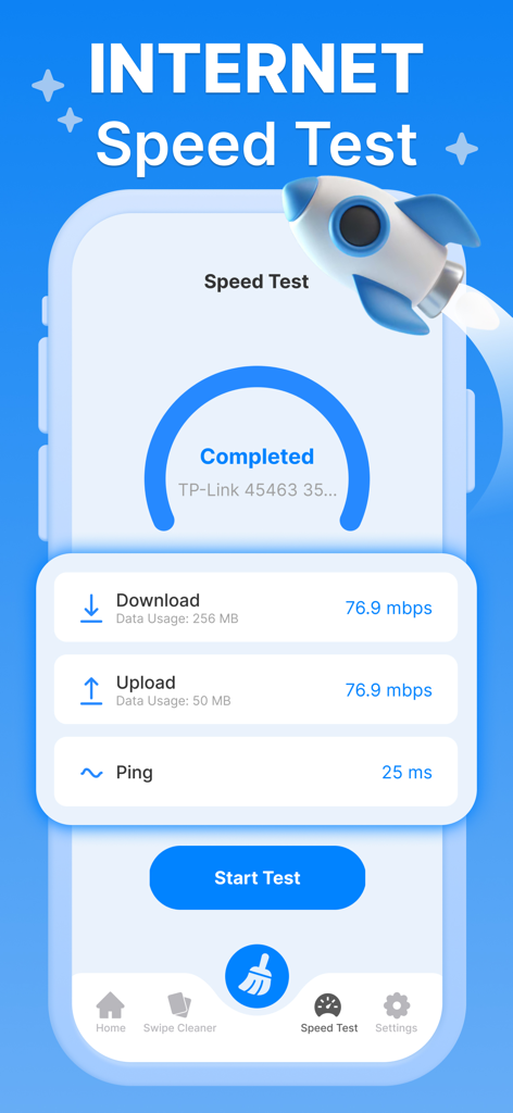 Smart Cleaner: Clean Up Fast - Internet speed test results showing download and upload speeds in the Smart Cleaner app