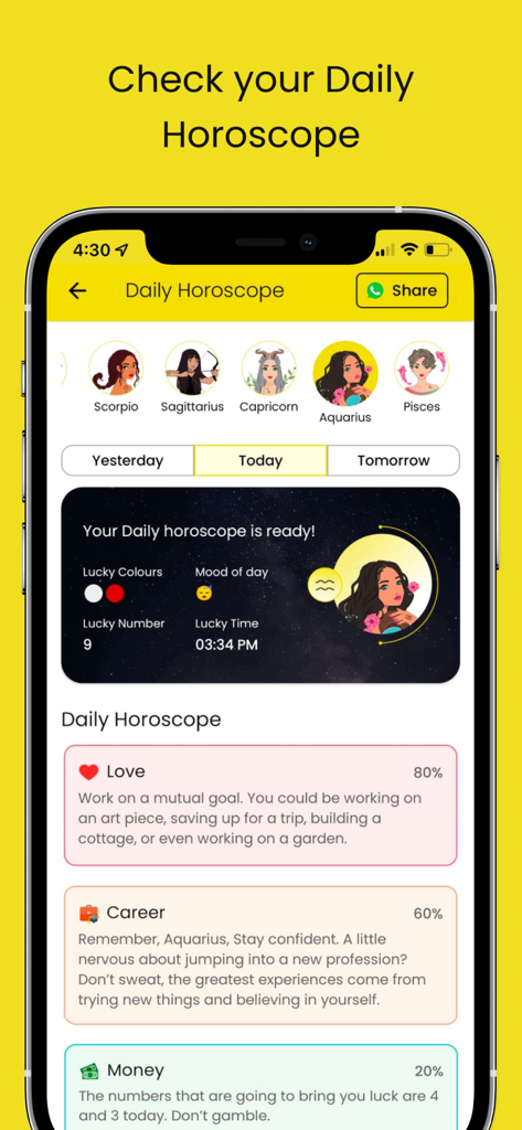 Astrotalk - Talk to Astrologer - Astrotalk mobile app screen displaying a daily horoscope with zodiac signs and predictions for love career and money