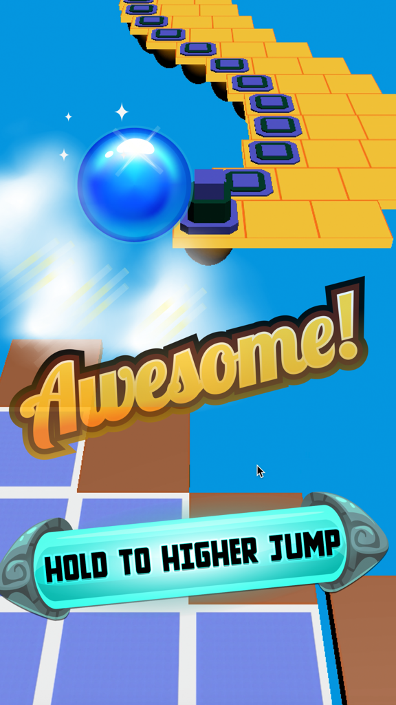 Una bola azul brillante saltando en un camino de ladrillos amarillos sinuoso en el juego arcade Ball Smash Hit con un mensaje de 'Awesome' en pantalla.