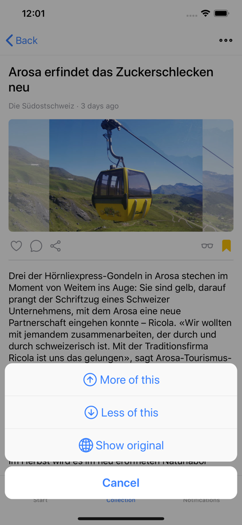 Headline - News - Headline Newsアプリのインターフェース。パーソナライズされたニュースのために「もっとこれ」または「これより少なく」を選択してAIをトレーニングするオプションが表示されたオーバーレイメニューを示しています。