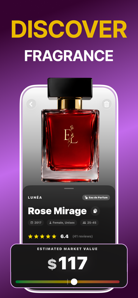 Interfaz de la aplicación Aromis que muestra los detalles del perfume Rose Mirage con estimación de precio y calificaciones de fragancia