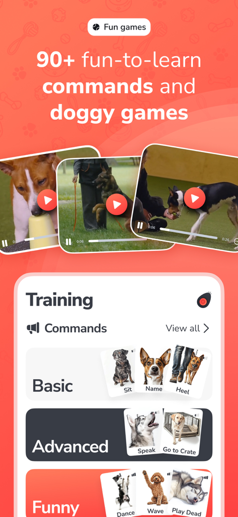 PawChamp - Dog Training & Care - PawChamp app interface displaying categories for basic advanced and funny dog training commands and games