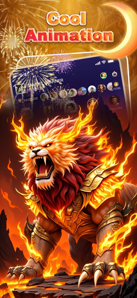 UME- Group Voice Chat Rooms - Una fantastica animazione di leone di fuoco visualizzata in una stanza di chat vocale di gruppo UME