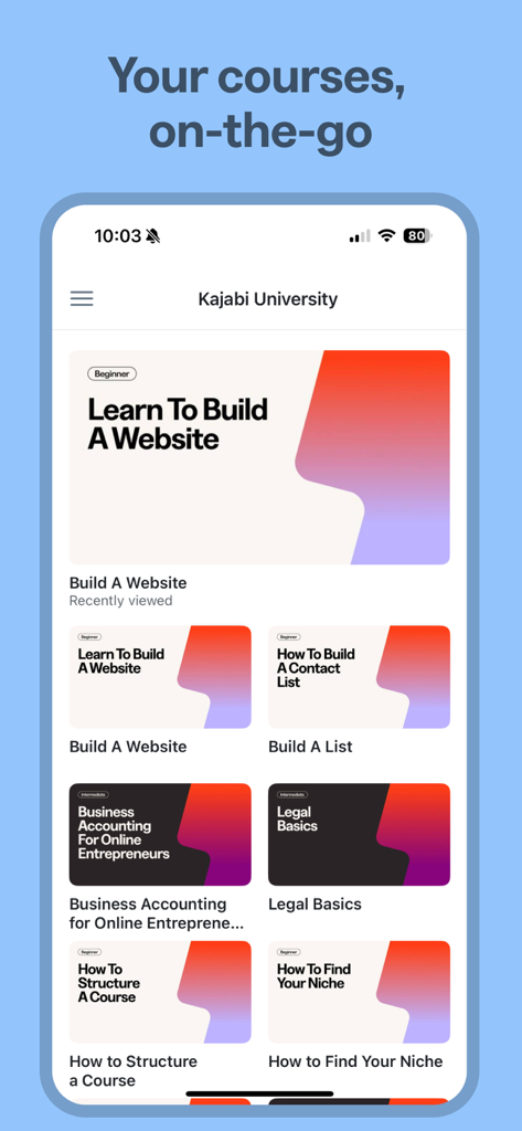 Mobile screen of Kajabi app displaying various business and entrepreneurship courses.
