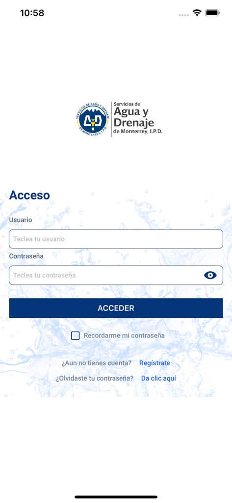 AYD - Pantalla de inicio de sesión de la aplicación AYD para servicios de agua de Monterrey