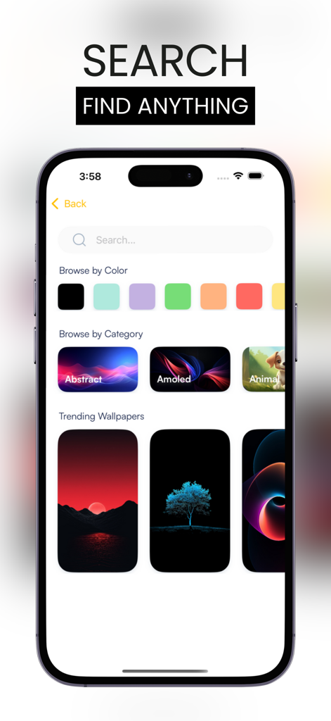 Wallbyte: 4k Wallpapers - Search screen of the Wallbyte app with browse by color and category features