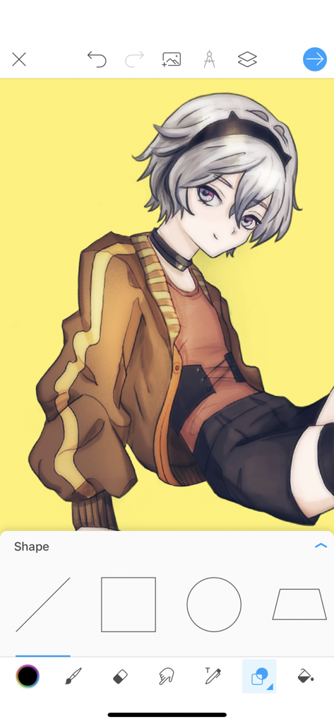 Ilustración digital de un personaje de anime creándose en la aplicación Picsart Color con el menú de selección de formas abierto