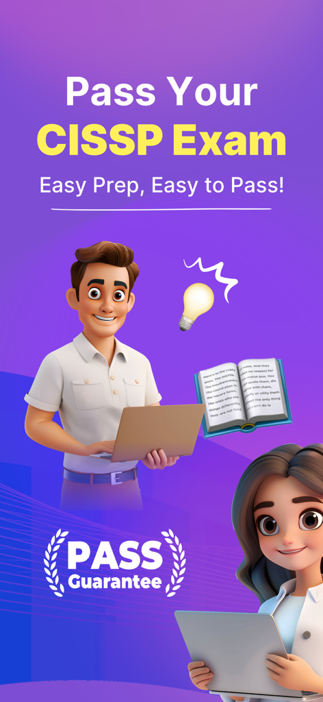 CISSP Exam Prep 2026 - CISSP Exam Prep 2026 promotional screen with characters using laptops and a pass guarantee badge