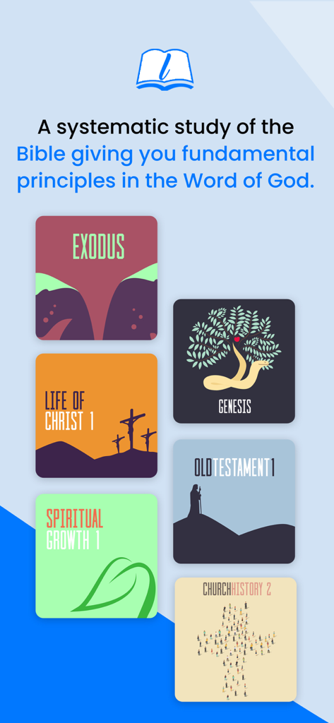 Living Logos mobile app displaying various Bible study curriculum modules including Genesis and Exodus.