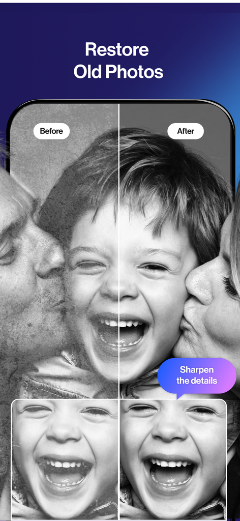 Photo Enhancer - AIPhotor - Before and after comparison of an old family photo restored with AI technology to sharpen details