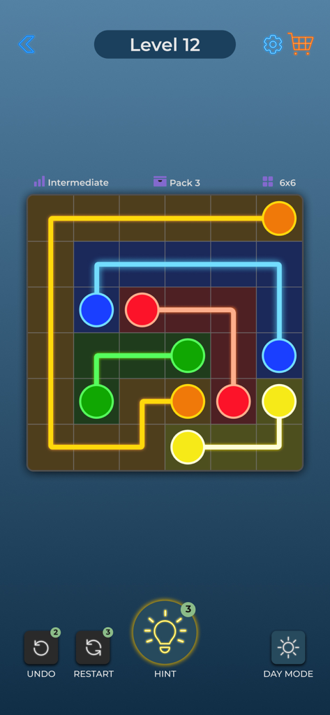 A 6x6 grid puzzle in Dot Link game with matching colored dots connected by lines on an intermediate level