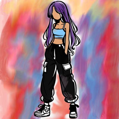 girl in baggy pants crop top and long hair