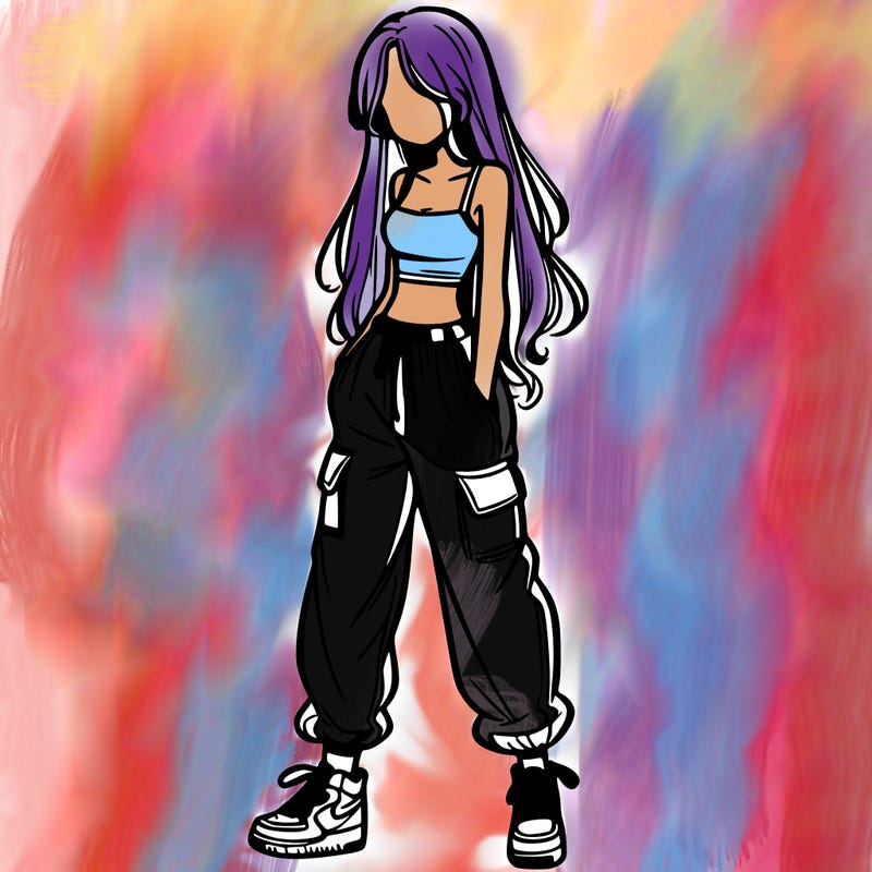 girl in baggy pants crop top and long hair