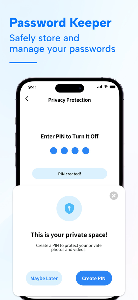 Cleaner Suite:Clean up Storage - A smartphone screen displaying the password keeper and private space PIN setup in the Cleaner Suite app