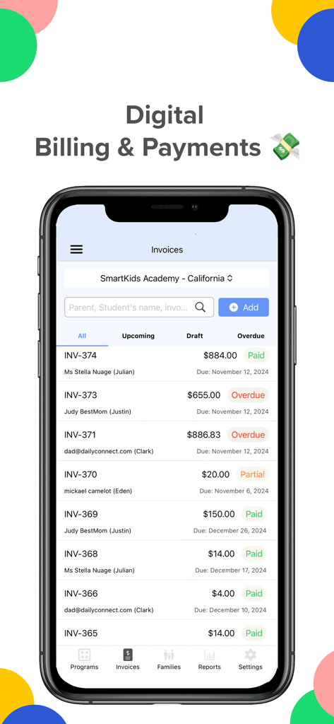 Pantalla de la aplicación Daily Connect que muestra la gestión de facturación y facturas digitales para centros de cuidado infantil.
