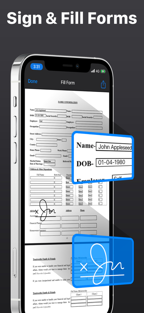 PDF Office Max Acrobat Expert - iPhone mostrando la interfaz de la aplicación PDF Office Max para firmar y completar formularios PDF digitales