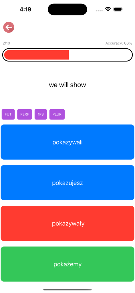 Polish Verb Blitzアプリの活用クイズ画面。動詞we will showの活用です。
