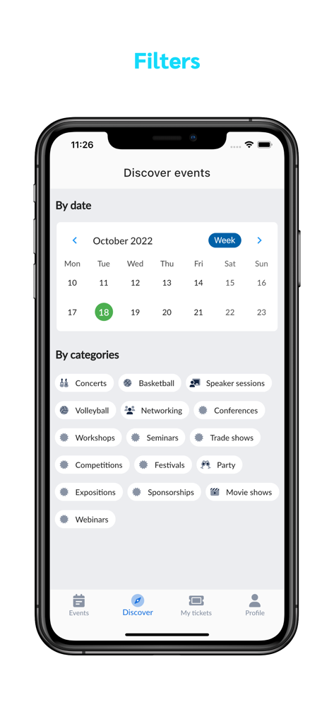 TICQET - TICQET app interface showing event search filters by date and category including basketball and concerts