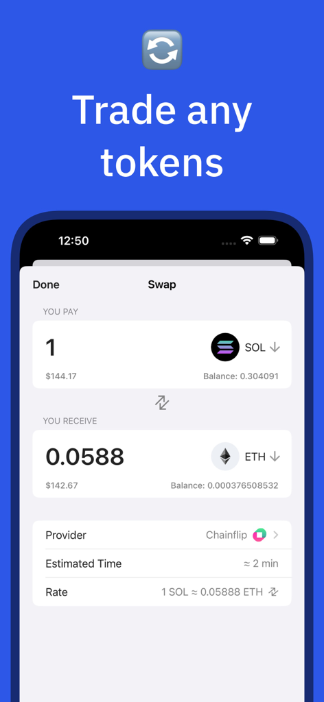 Gem - Crypto & USDT Wallet - Gem Wallet Mobile App-Oberfläche, die einen Token-Swap zwischen SOL und ETH zeigt.