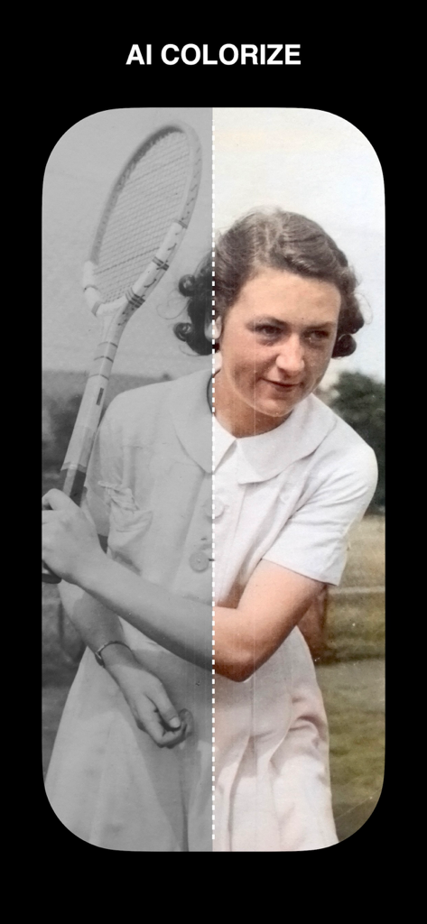 Perfect Pic—Face & Body Editor - Comparación de antes y después de una foto antigua de tenis en blanco y negro siendo coloreada con IA.