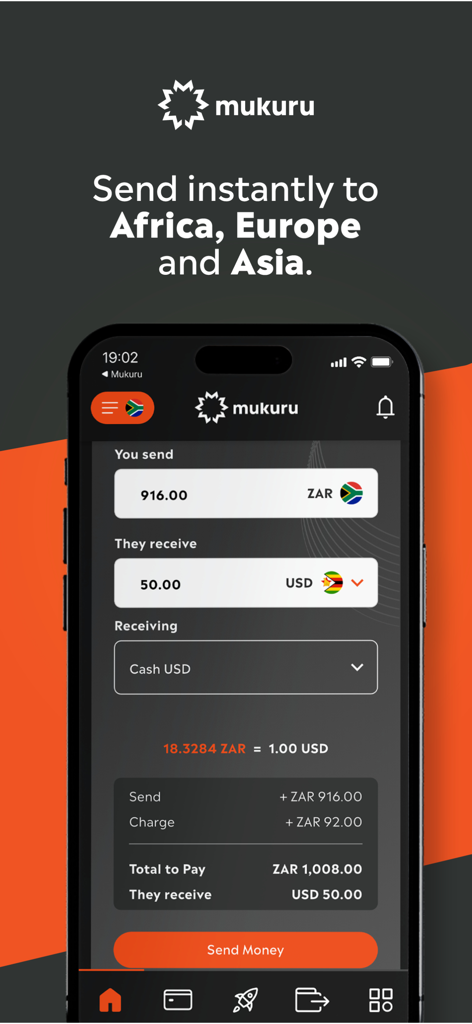 Mukuru mobile app interface showing currency conversion and transfer options for international money sending