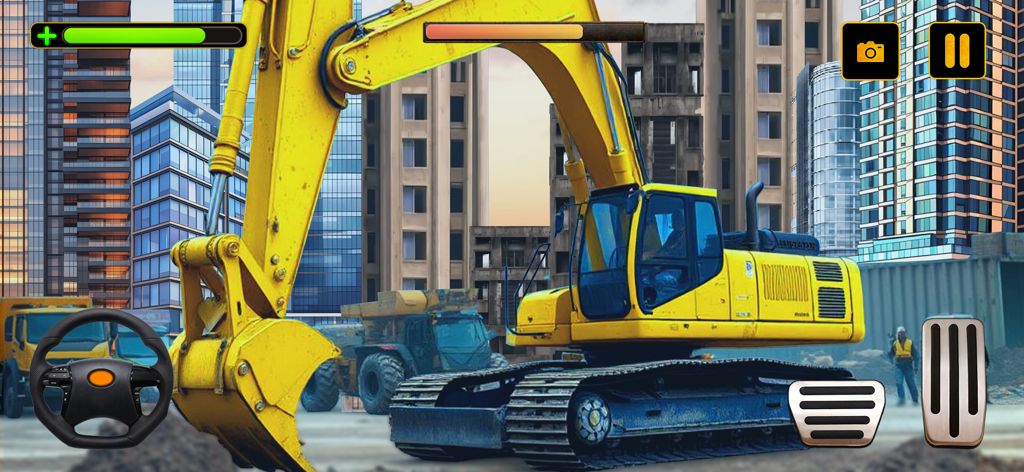 Excavator Simulator Truck Game - Yellow excavator at a city construction site with game controls