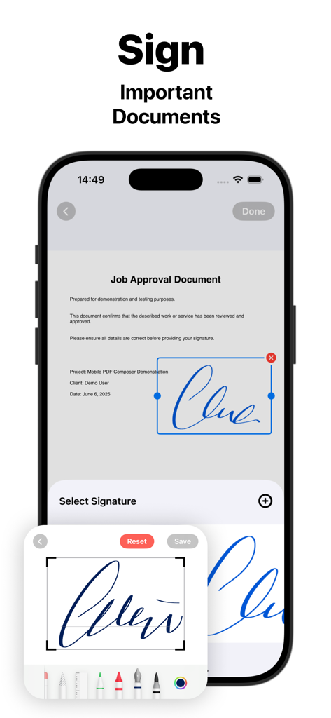 Image to PDF - Scan & Edit App - Uma tela de iPhone mostrando uma assinatura digital sendo adicionada a um documento PDF