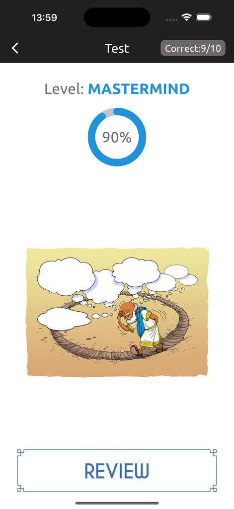 Greek vocabulary test results screen showing 90 percent progress and Mastermind level.