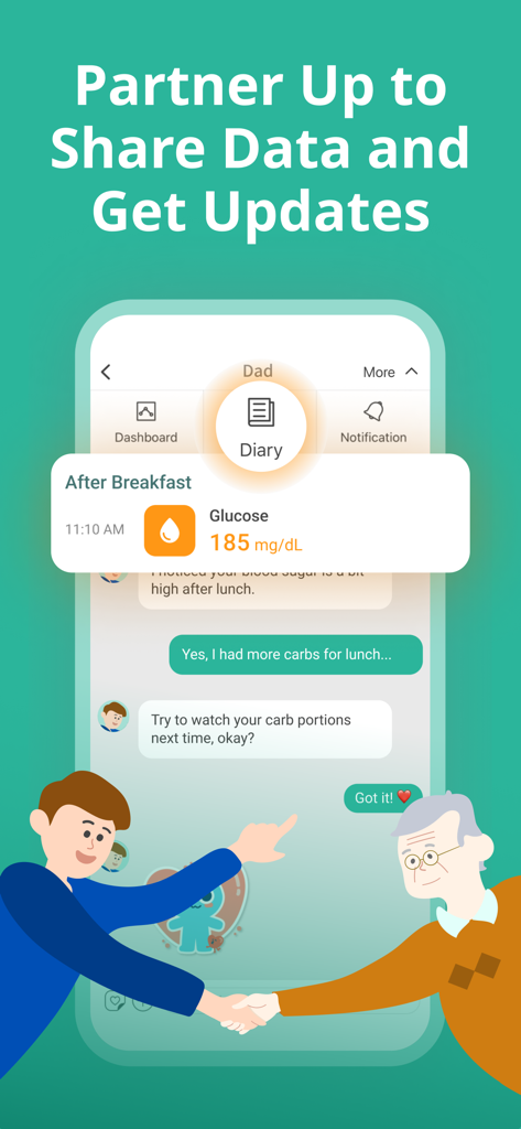 Health2Sync - Diabetes Tracker - Health2Sync app screenshot showing family data sharing and blood sugar monitoring support