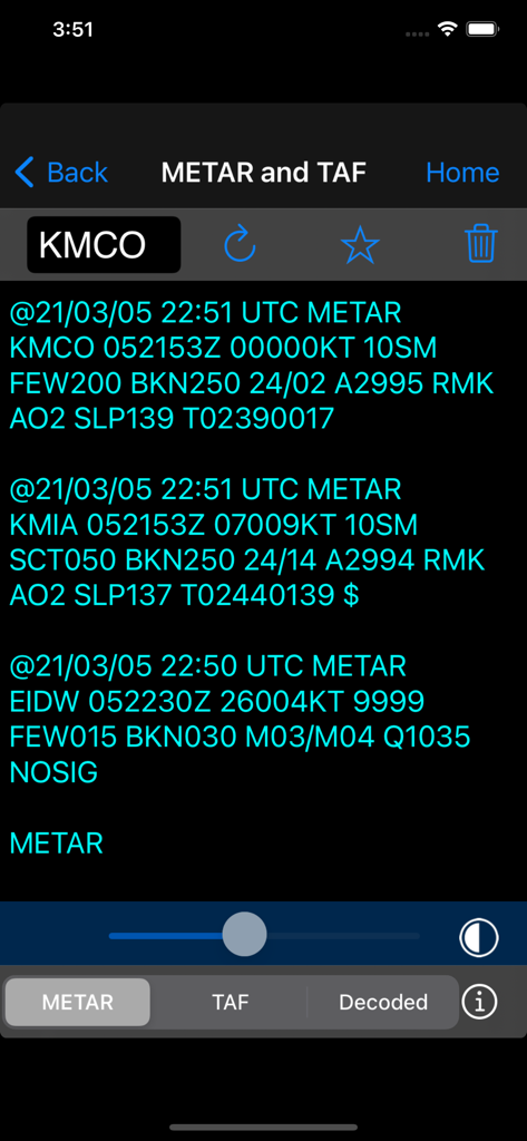 Aviation weather report screen showing METAR and TAF data in FlyBy E6B app
