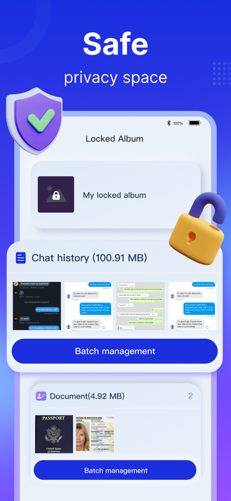 GoCleaner 앱 인터페이스: 사진, 채팅 기록, 민감한 문서 잠금을 위한 안전한 개인 정보 공간 기능 표시