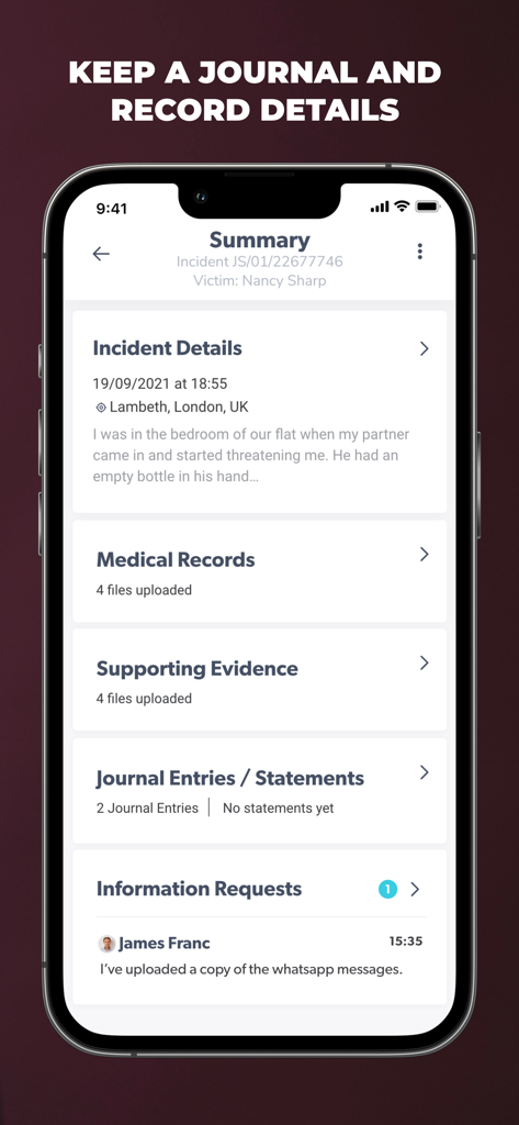 Injury Capture - Injury Capture app summary screen displaying incident details and evidence records